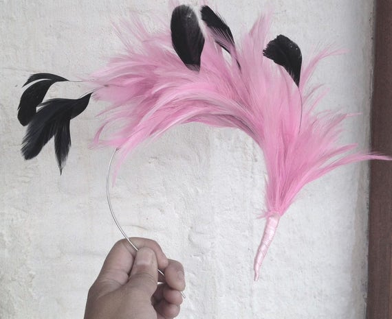 pink black feather headband fascinator millinery burlesque hair clip hen party bridal ascot race fancy dress british