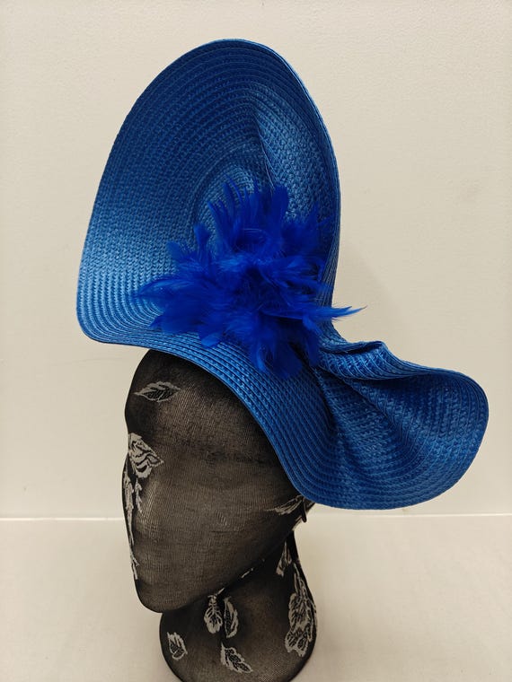 blue large straw fascinator flower millinery burlesque wedding hat on headband ascot party race cosplay handmade unique design