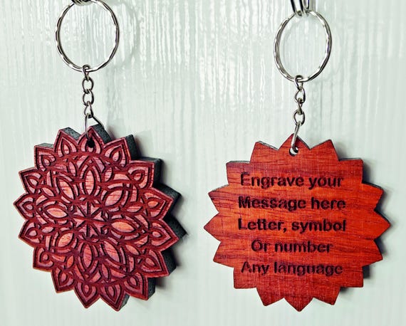 personalised custom made bespoke solid hard wood key chain keyring mandala flower pattern laser cut engraved wenge padauk camphor chinaberry