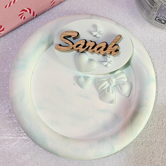 Custom hand made personalised bespoke real hard solid wood laser cut name word plaster gypsum jewellery coin trinket key tray dish plate