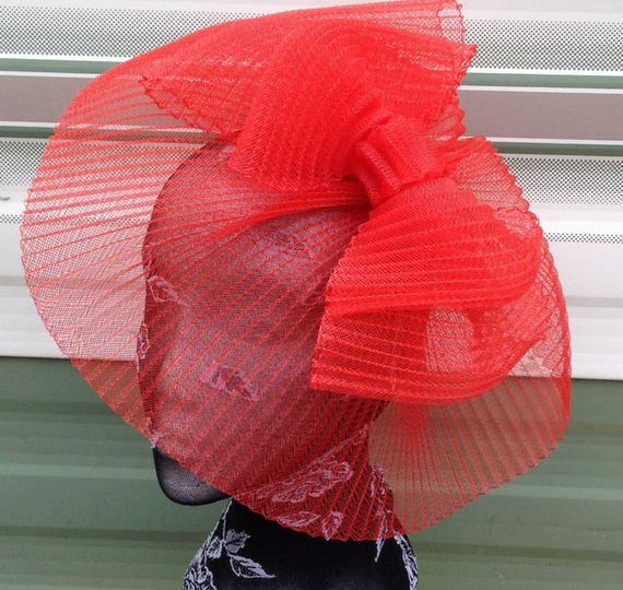red feather fascinator millinery burlesque headband wedding hat hair piece