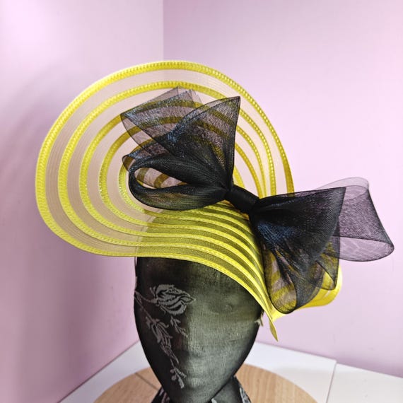 yellow black large fascinator millinery burlesque wedding hat headband party race cosplay handmade Kentucky Derby Royal Ascot