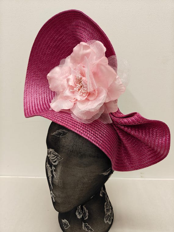 pink large straw fascinator flower millinery burlesque wedding hat on headband ascot party race cosplay handmade unique design