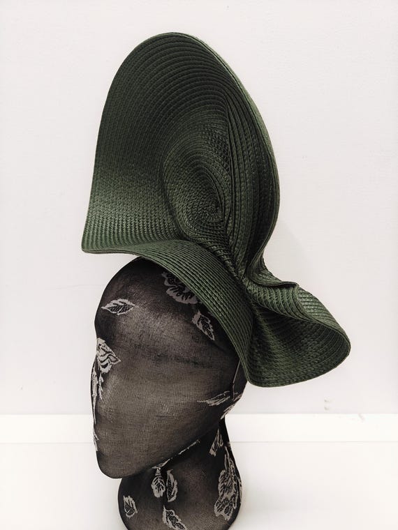 dark green large straw fascinator millinery burlesque wedding hat on headband ascot party race cosplay handmade unique design