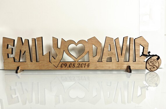 Personalised bespoke love heart laser cut engraved wood name word desk table stand free standing wall door plaque sign logo design service