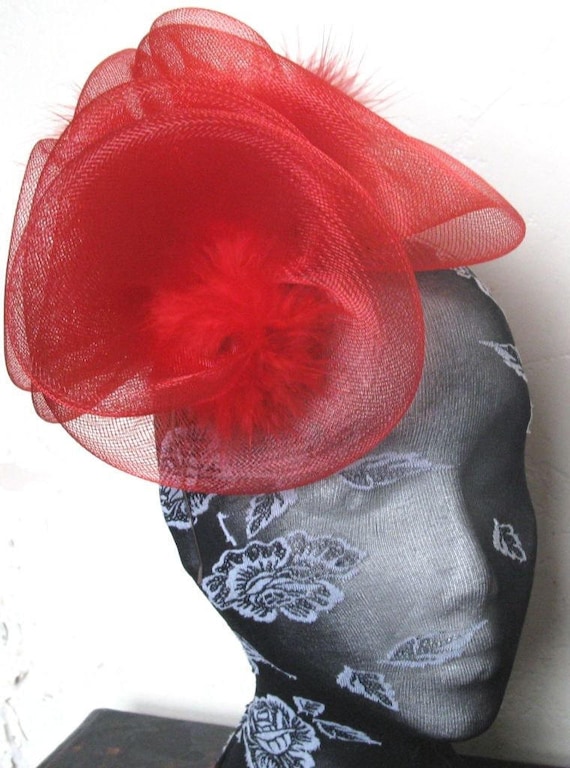 red feather fascinator millinery burlesque headband wedding hat hair piece