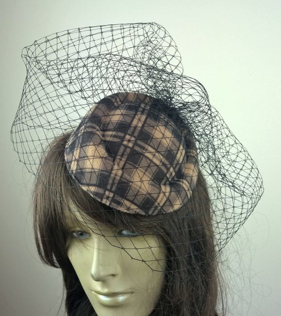 brown beige tartan pill box hat black french veil veiling fascinator millinery burlesque hair clip hen party bridal ascot race fancy dress