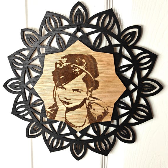 personalised picture photo name message wooden mandala flower pattern wall door decoration laser cut engraved home art wood sign fairy light