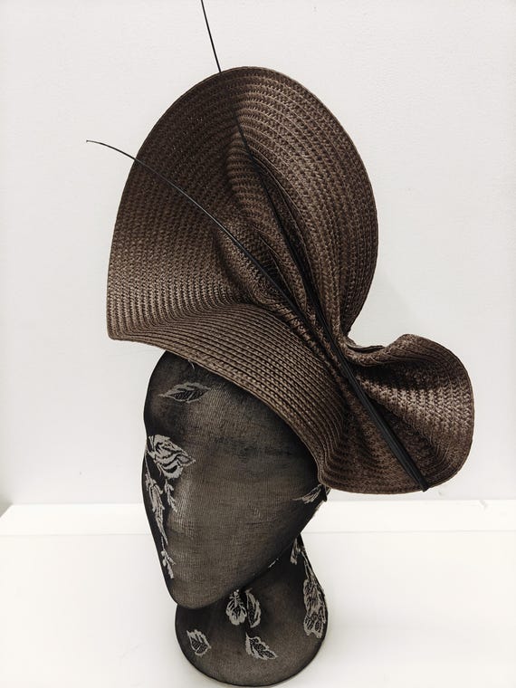 dark brown large straw fascinator millinery burlesque wedding hat on headband ascot party race cosplay handmade unique design