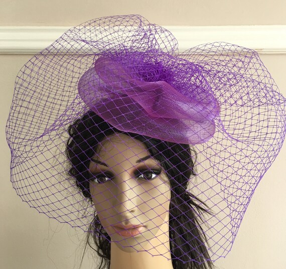purple crin french veil veiling fascinator millinery burlesque hair clip hen party bridal ascot race fancy dress wedding British hat
