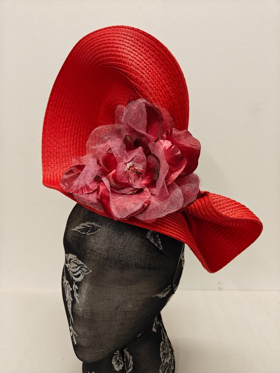 red large straw fascinator flower millinery burlesque wedding hat on headband ascot party race cosplay handmade unique design