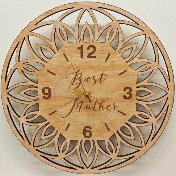 custom made personalised bespoke wood wooden laser cut engraved mandala pattern wall clock name word letter message birthday wedding gift