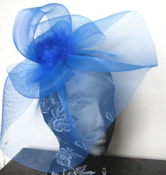 blue feather fascinator millinery burlesque headband wedding hat hair piece