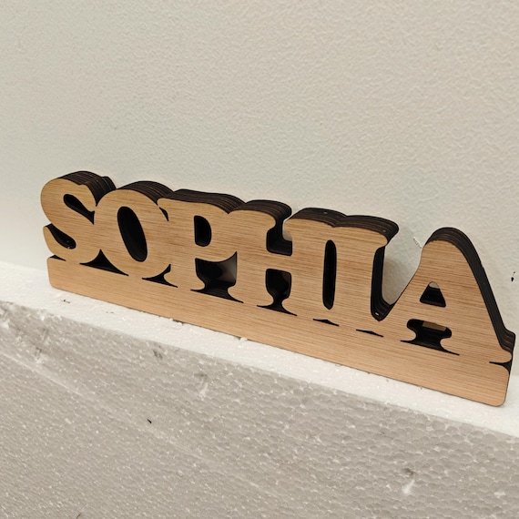 Personalised bespoke custom made laser cut engraved wood name word desk table stand free standing wall door plaque  sign logo design service