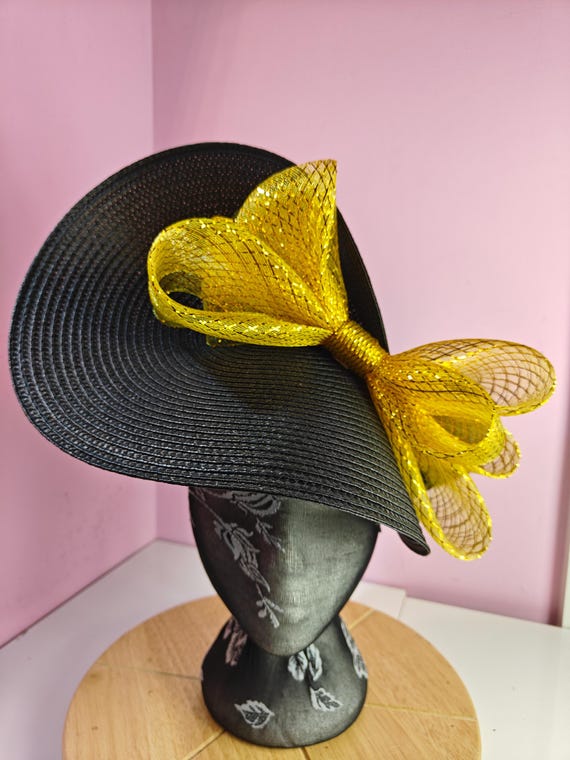 black straw gold crinoline bow fascinator millinery burlesque wedding hat on headband royal ascot party house race cosplay Kentucky derby
