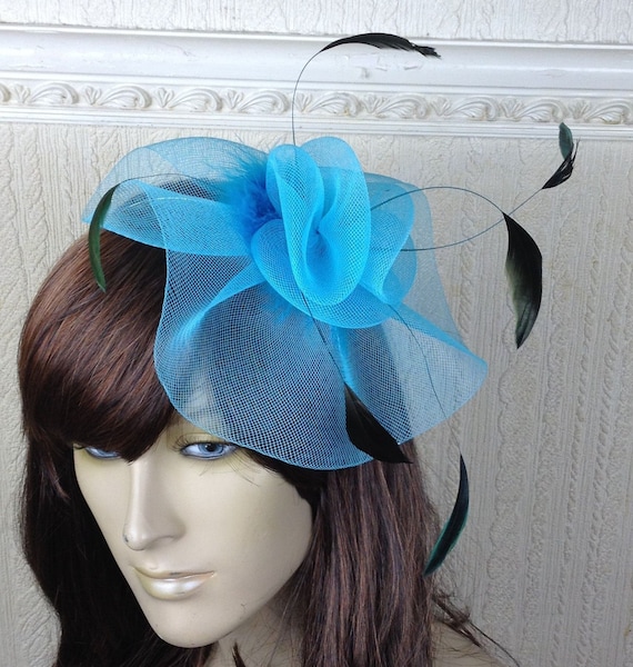 turquoise feather fascinator millinery burlesque headband wedding hat hair piece