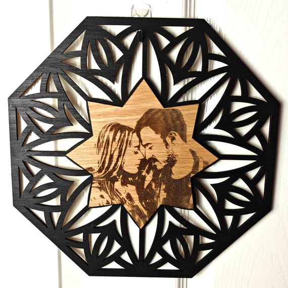 personalised picture photo name message wooden mandala flower pattern wall door decoration laser cut engraved home art wood sign fairy light