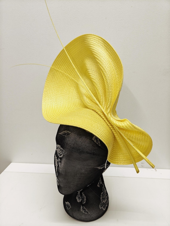 yellow large straw fascinator millinery burlesque wedding hat on headband ascot party race cosplay handmade unique design