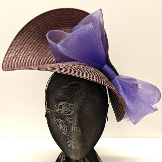 purple lilac large straw crinoline bow fascinator millinery burlesque wedding hat on headband ascot party race cosplay