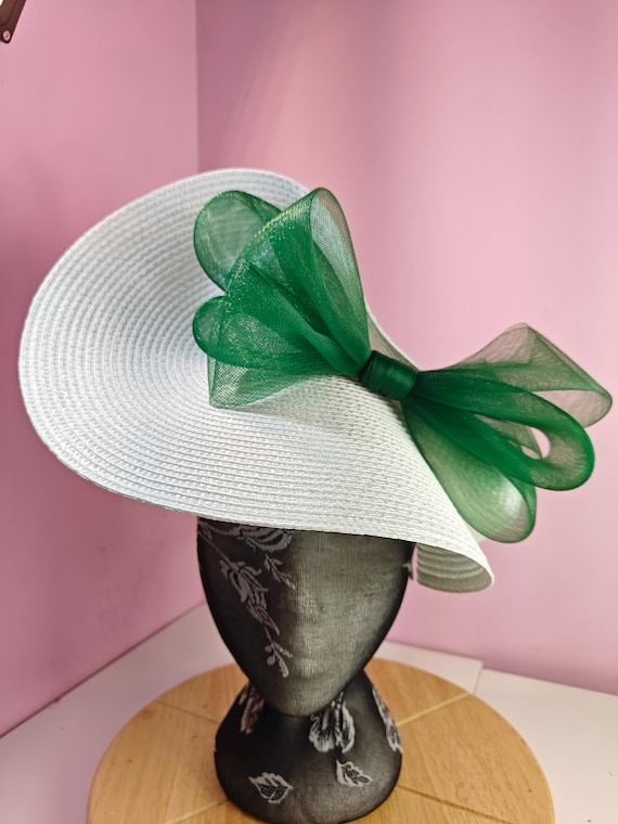 white green straw crinoline bow fascinator millinery burlesque wedding hat on headband royal ascot party house race cosplay Kentucky derby