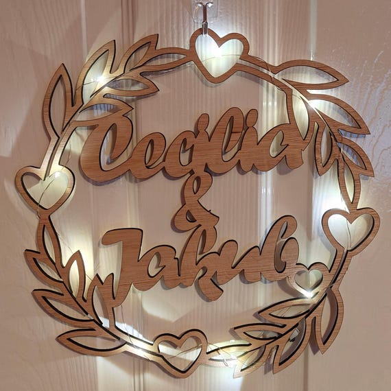 custom made personalised bespoke laser cut plywood wood name word wall door plaque letter number sign logo design wedding fairy light