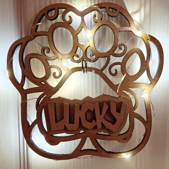 Personalised bespoke pet dog paw laser cut engraved wood name word desk table stand wall door plaque sign logo design service fairy light