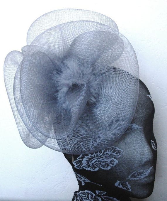 grey feather fascinator millinery burlesque headband wedding hat hair piece