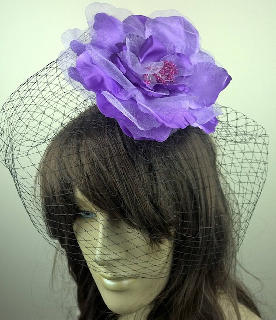 purple satin flower black french veil veiling fascinator millinery burlesque hair clip hen party bridal ascot race fancy dress british