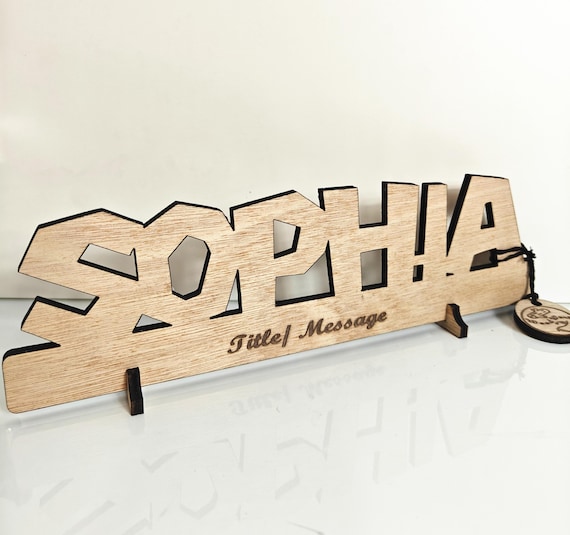 Personalised bespoke custom made laser cut engraved wood name word desk table stand free standing wall door plaque  sign logo design service