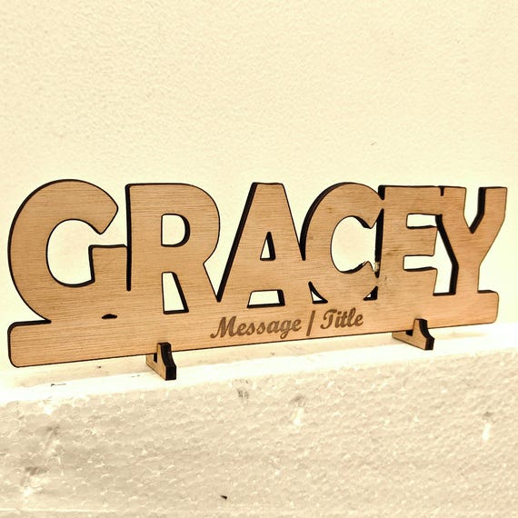 Personalised bespoke custom made laser cut engraved wood name word desk table stand free standing wall door plaque  sign logo design service