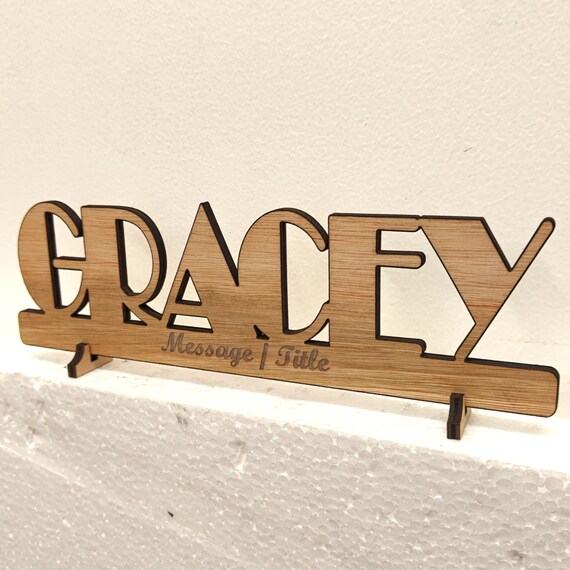 Personalised bespoke custom made laser cut engraved wood name word desk table stand free standing wall door plaque  sign logo design service