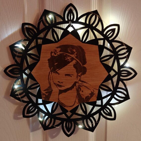 personalised picture photo name message wooden mandala flower pattern wall door decoration laser cut engraved home art wood sign fairy light