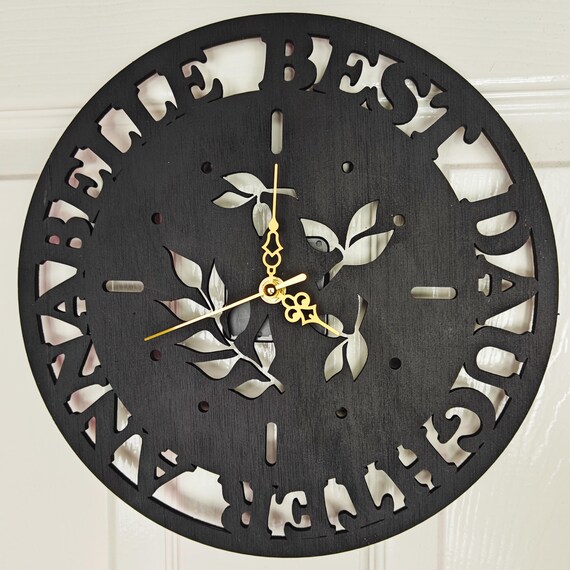 custom made personalised bespoke wood wooden laser cut engraved black wall clock name word letter message birthday wedding anniversary gift