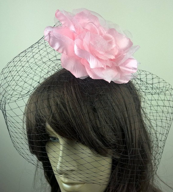 pink satin flower black french veil veiling fascinator millinery burlesque hair clip hen party bridal ascot race fancy dress british