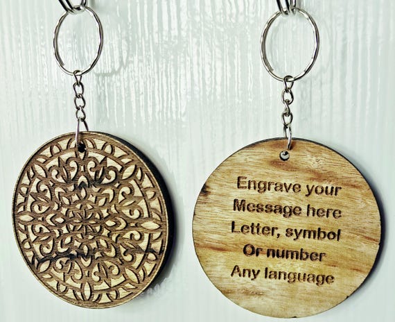 personalised custom made bespoke solid hard wood key chain keyring mandala flower pattern laser cut engraved wenge padauk camphor chinaberry