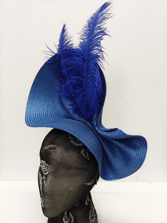 blue large straw fascinator millinery burlesque wedding hat on headband ascot party race cosplay handmade unique design