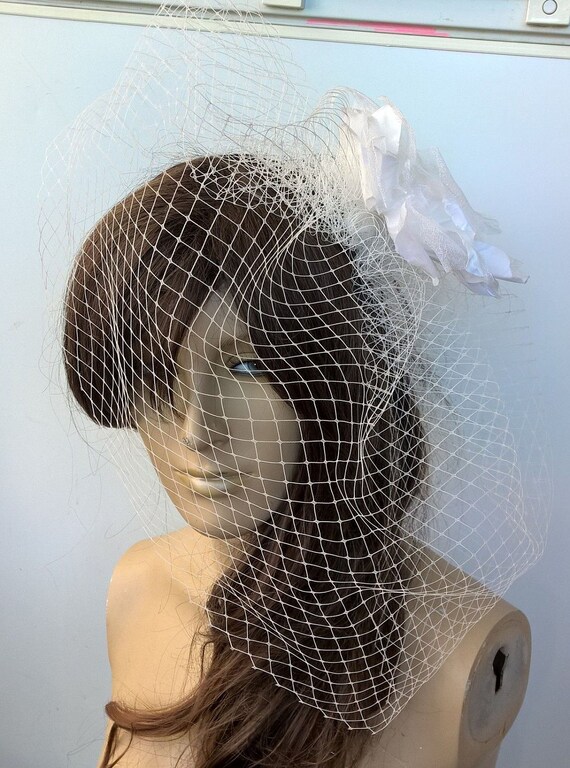 off white ivory satin flower french veil veiling fascinator millinery burlesque hair clip hen party bridal ascot race fancy dress british