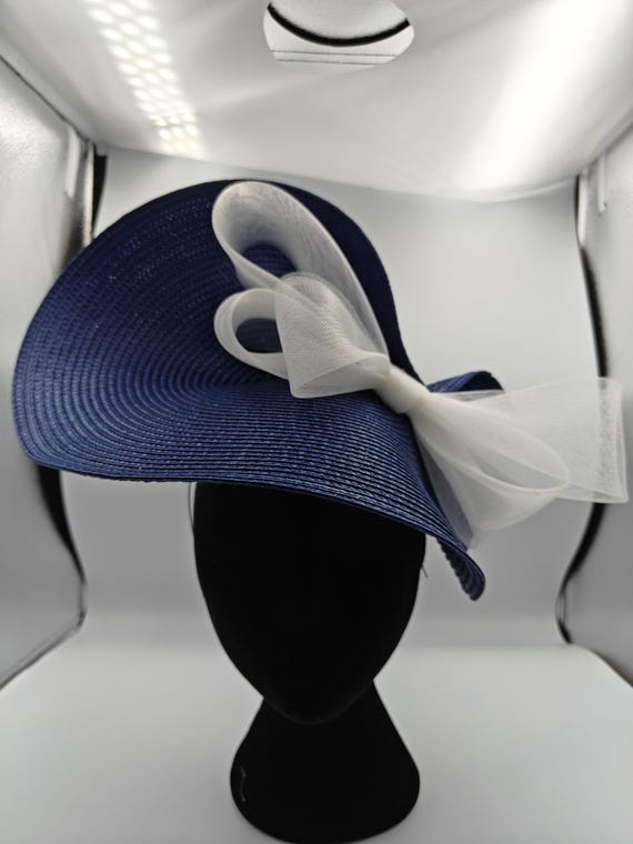 navy blue white large straw crinoline bow fascinator millinery burlesque wedding hat on headband ascot party race cosplay