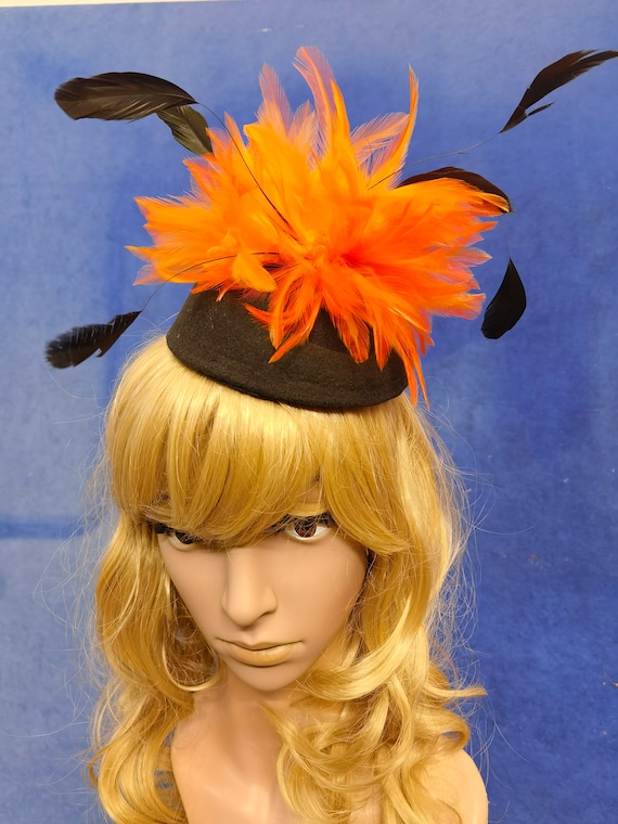 Orange black feather black pill box hat fascinator millinery burlesque hair clip hen party bridal ascot race fancy dress British