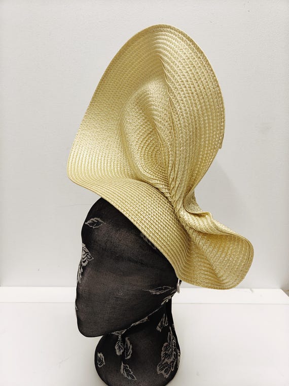 golden yellow large straw fascinator millinery burlesque wedding hat on headband ascot party race cosplay handmade unique design