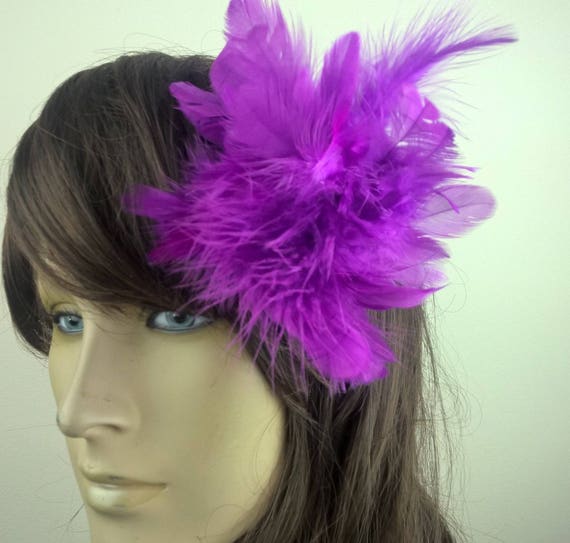 purple feather fascinator millinery burlesque hair clip hen party bridal ascot race fancy dress british