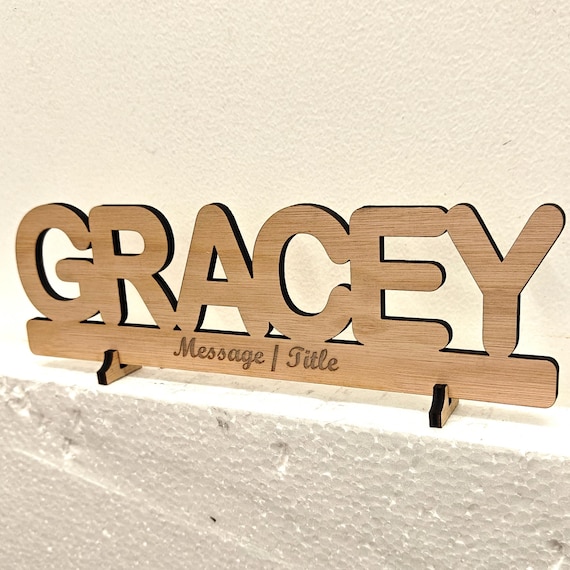 Personalised bespoke custom made laser cut engraved wood name word desk table stand free standing wall door plaque  sign logo design service