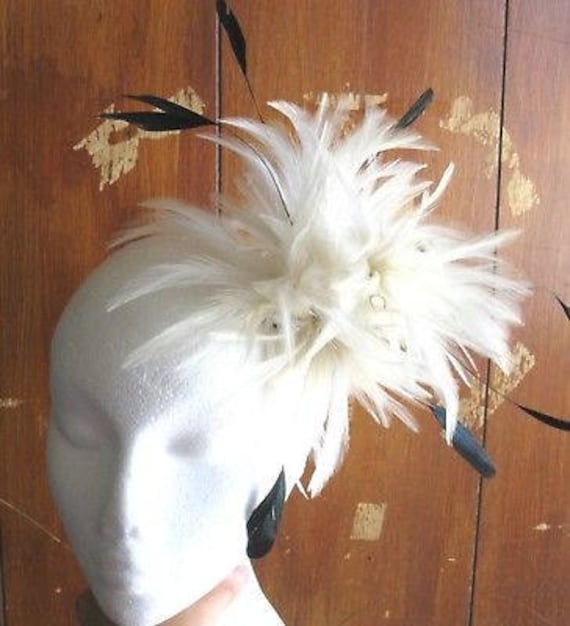 off white ivory black feather fascinator millinery burlesque hair clip brooch hen party bridal ascot race fancy dress british