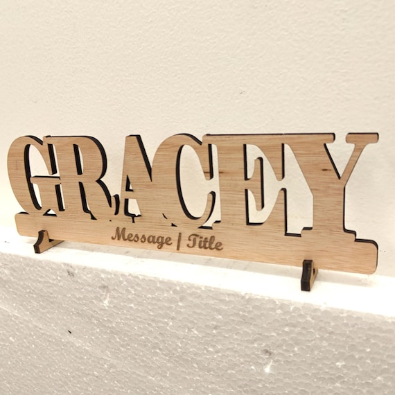 Personalised bespoke custom made laser cut engraved wood name word desk table stand free standing wall door plaque  sign logo design service
