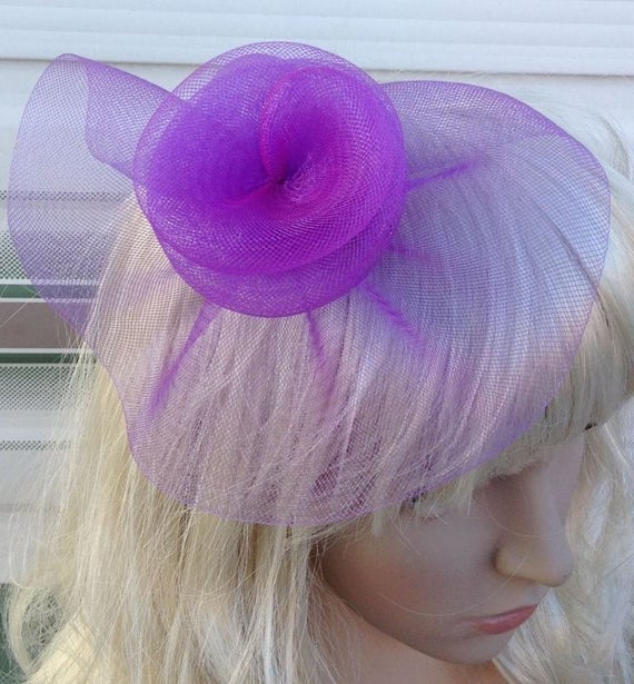 purple crin flower netting fascinator millinery burlesque hair clip brooch hen party bridal ascot race fancy dress british