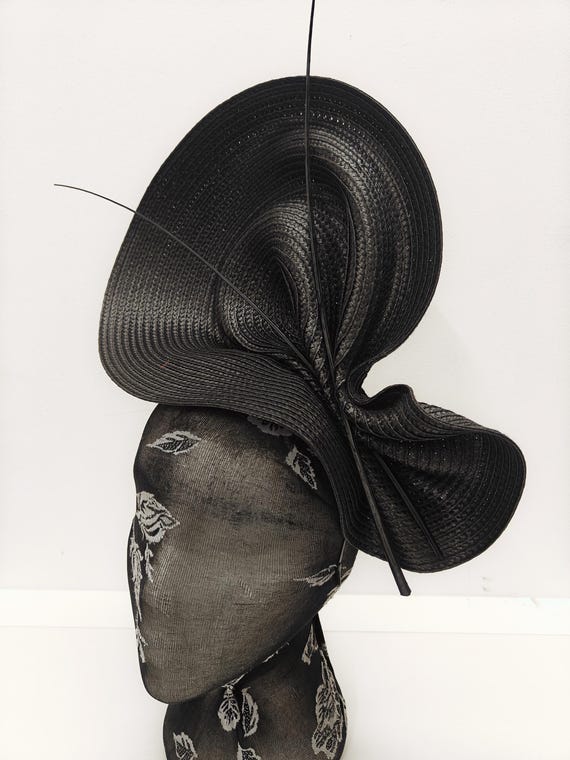 black large straw fascinator millinery burlesque wedding hat on headband ascot party race cosplay handmade unique design