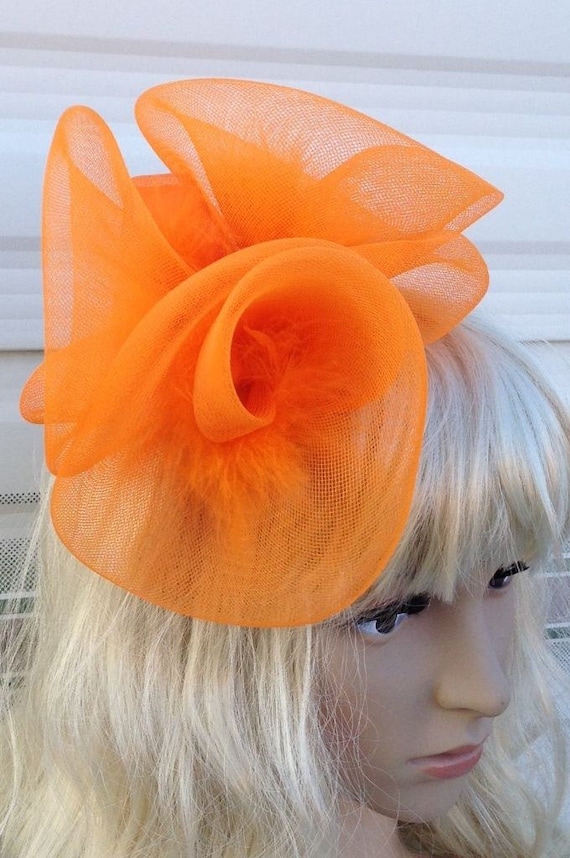 orange feather fascinator millinery burlesque headband wedding hat hair piece