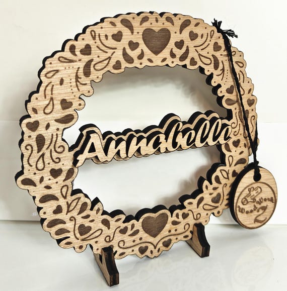 Personalised bespoke laser cut engrave wood name word desk table stand free standing wall door plaque birthday card sign logo design service
