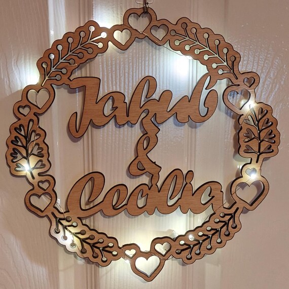 custom made personalised bespoke laser cut plywood wood name word wall door plaque letter number sign logo design wedding fairy light