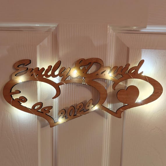 Personalised bespoke heart laser cut engraved wood name word desk table stand free standing wall door plaque sign logo design fairy light